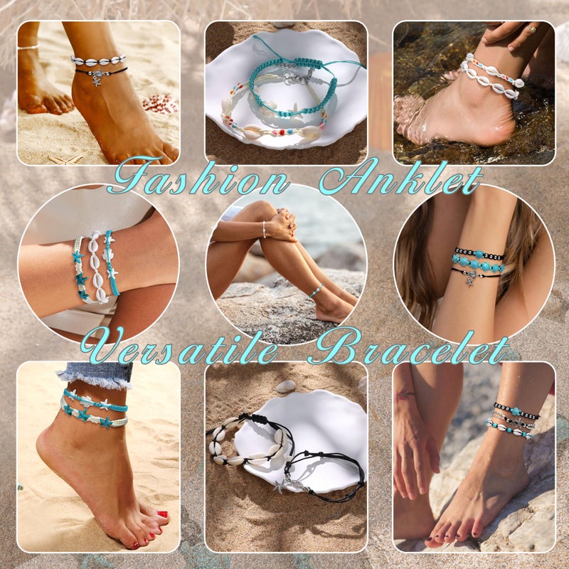 LOYALLOOK 10PCS Shell Turtle Ankle Bracelets Handmade Boho Anklet Jewelry Adjustable Natural Cowrie Shell Beach Bead Anklet for Women - Image 4